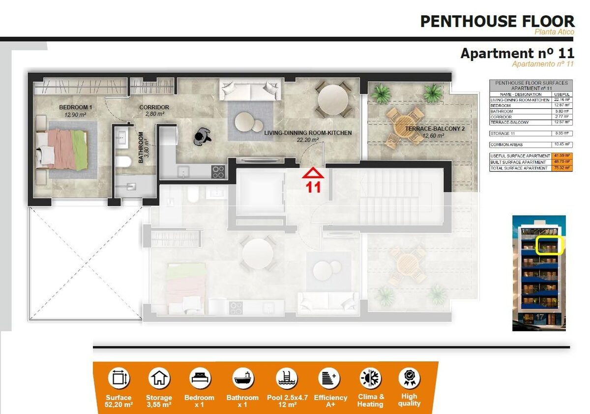 Penthouse z 1 sypialnią, 75m² w Torrevieja, Hiszpania [ID: 0137-N8860]
