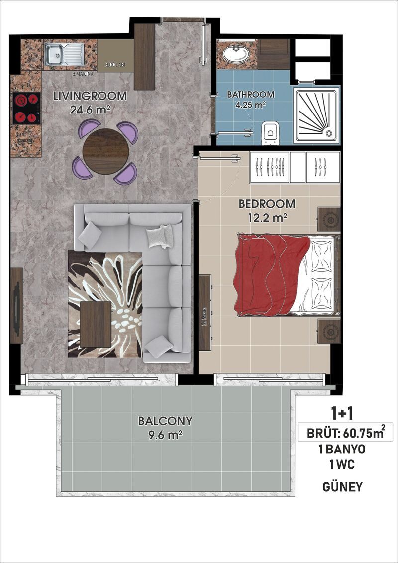 Квартира с 1 спальней, 65м² в Алания, Турция [ID: 0301-105302]
