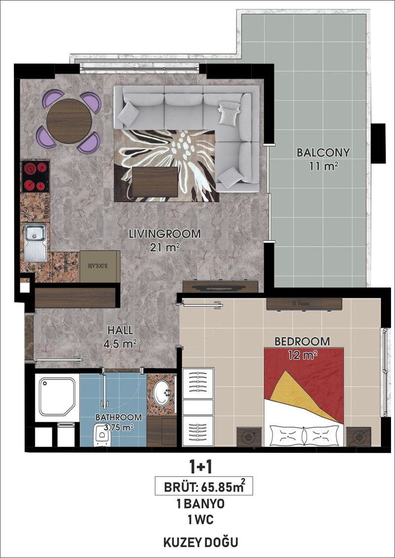Квартира с 1 спальней, 65м² в Алания, Турция [ID: 0301-105302]