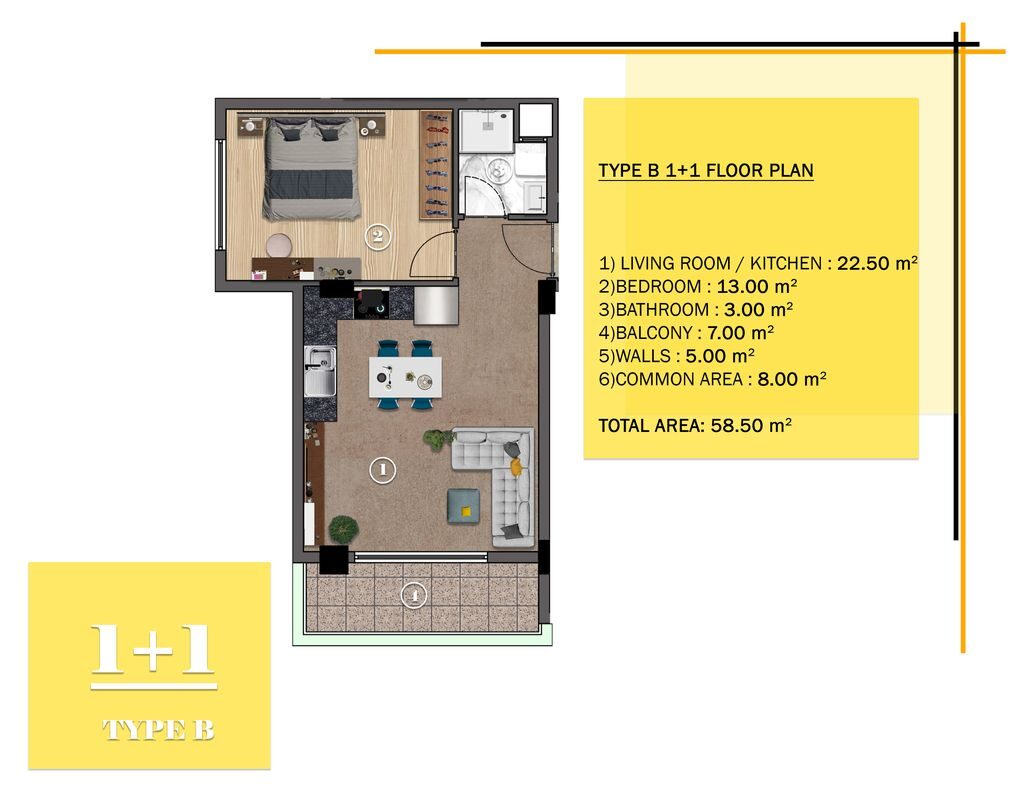 Квартира з 1 спальнею, 58м² в Аланія, Туреччина [ID: 0301-105475]
